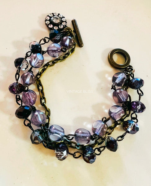 Midnight Lavender Tones Triple Strand Beaded Bracelet