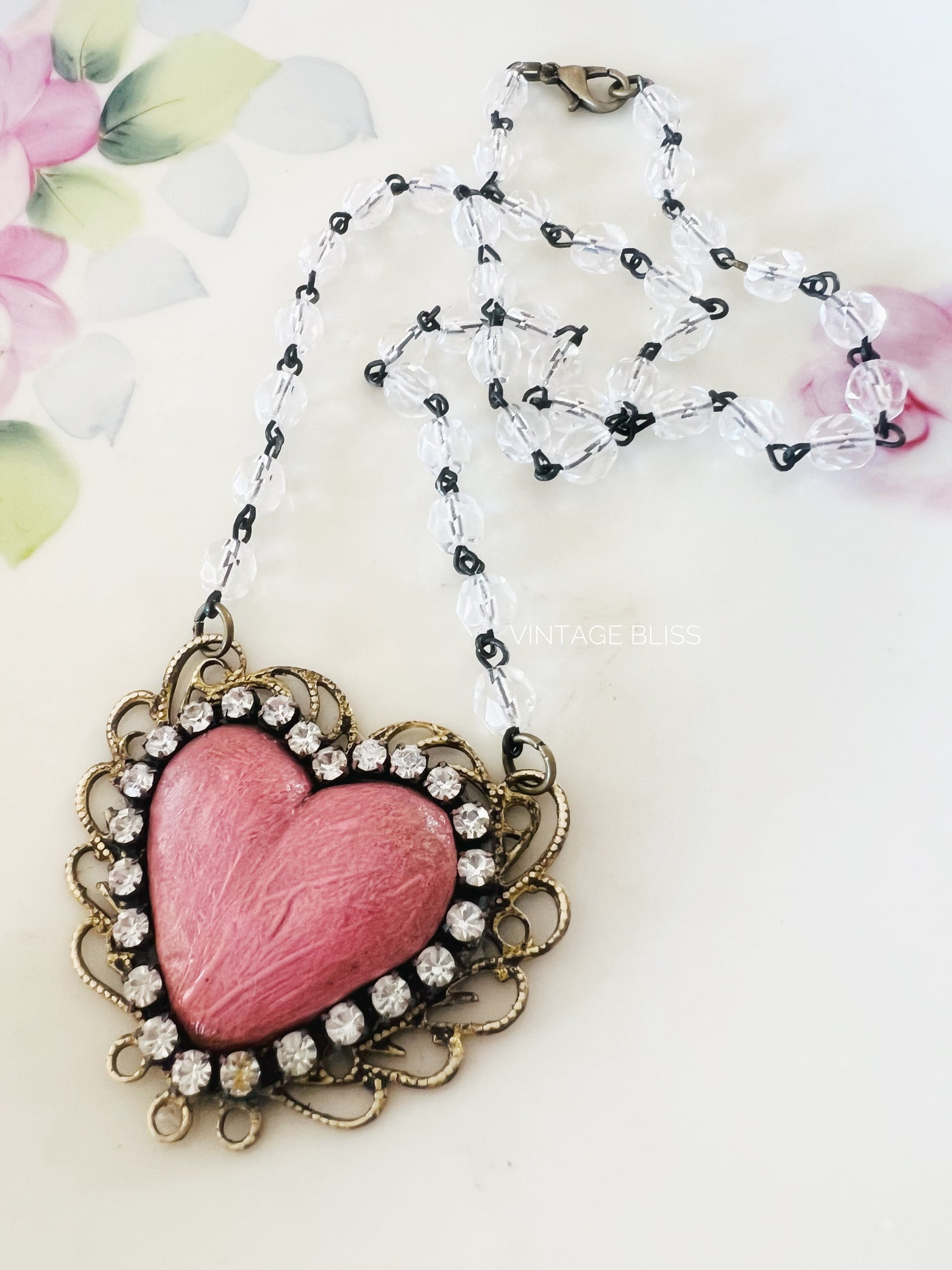 Pink Distressed Heart Filigree Necklace