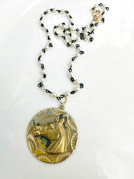 Mini Pearl Beaded Chain Horse Necklace