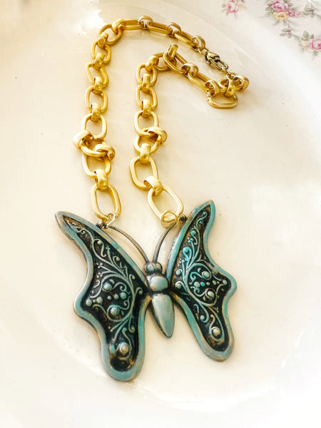 Boho Brass Patina Butterfly Necklace Matte Gold