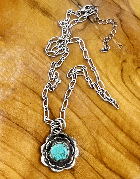 Turquoise Tibetan Silver Flower Necklace