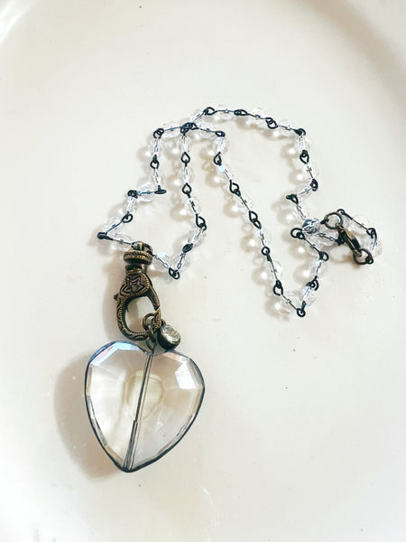 Soldered Crystal Heart Necklace Clear Beaded Chain