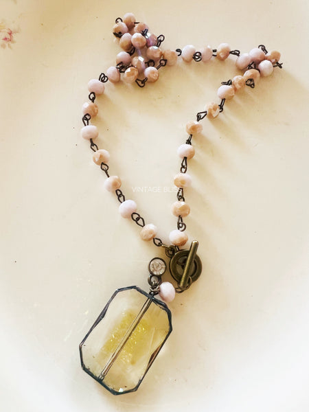 Soldered Topaz Crystal Pink/Tan Beaded Chain Necklace