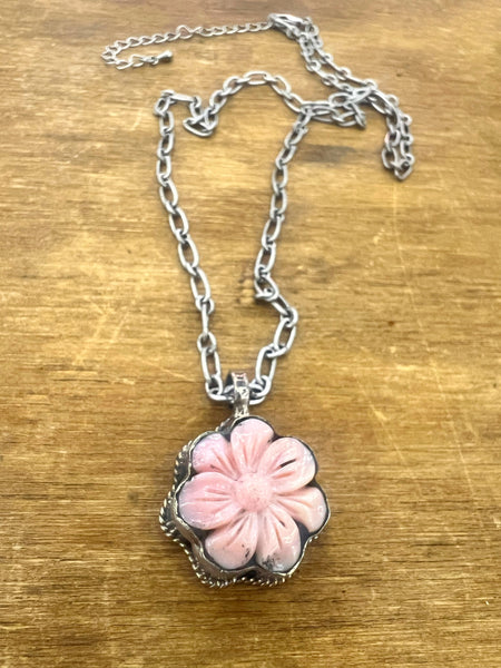 Pink Tibetan Silver Flower Necklace