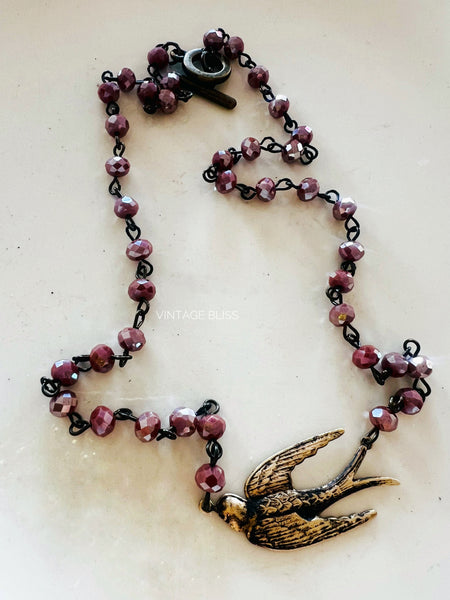 sparrow brass patina bird beaded chain necklace