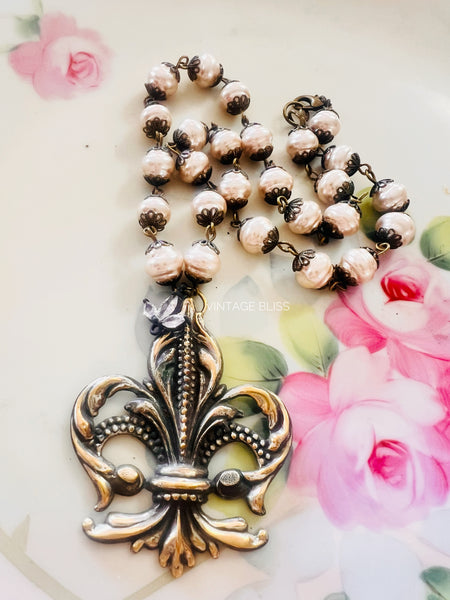 Fleur De Lis Coffee Pearl Beaded Chain Necklace