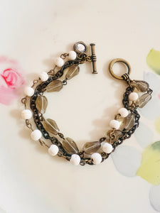 Neutral Grey Tones Triple Strand Beaded Bracelet
