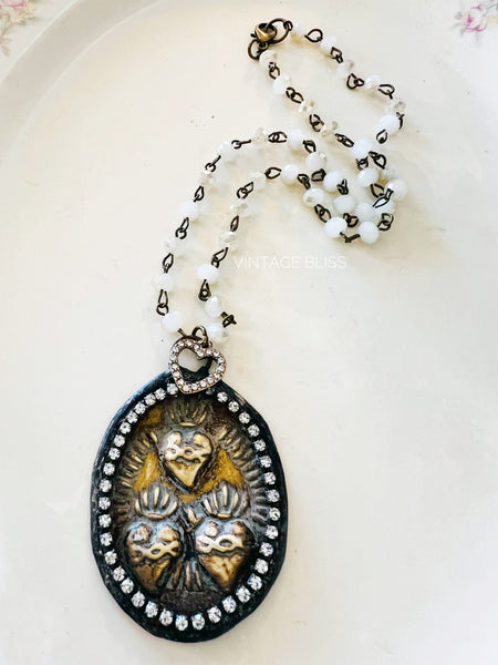 Sacred Heart Medallion Beaded Chain Necklace