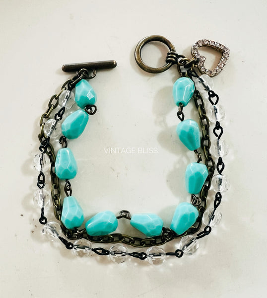 Turquoise & Crystal Triple Strand Beaded Bracelet