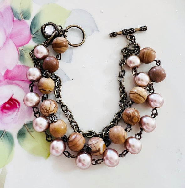 Neutral Brown Tones Triple Strand Beaded Bracelet