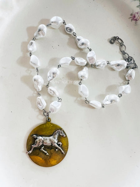 Galloping Horse Polished Brass Necklace