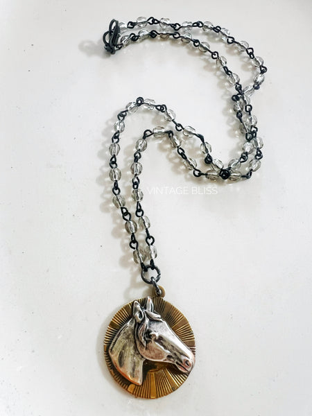 Polished Brass Silver Horse Head Necklace Western