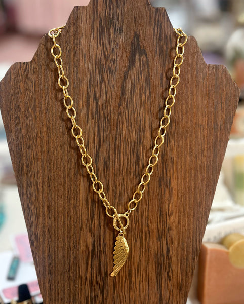 Gold Feather Wing Toggle Clasp Necklace