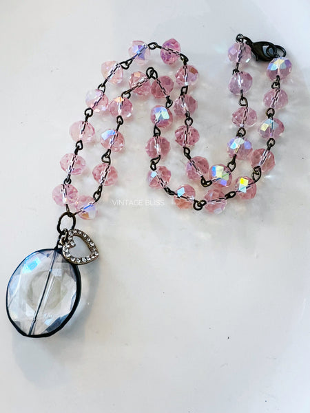 pink beaded crystal soldered drop necklace 