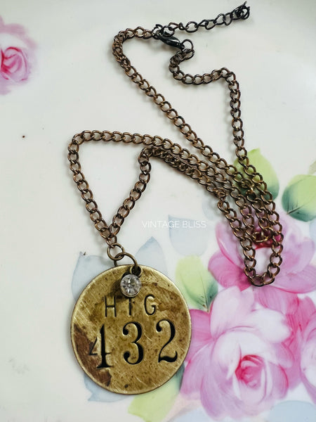 Brass Patina Vintage Locker Tag Necklace