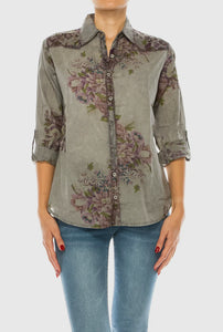 Neutral Grey Floral Western  Button Down Shirt
