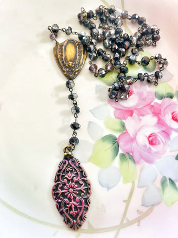 Rosary Style Fushia Filigree Necklace
