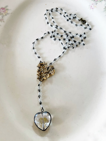 Soldered Heart Crystal Rosary Style Necklace