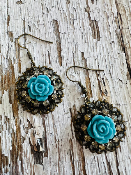 Robins Egg Blue Rose Filigree Earrings