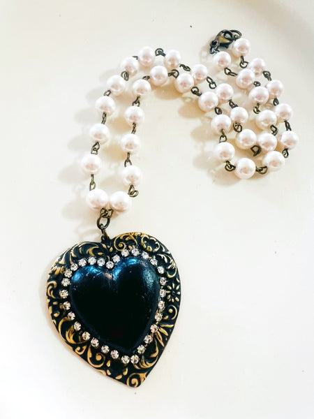 Black Clay Heart Filigree Pearl Chain Necklace