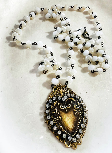 Brass Patina Heart Filigree Necklace