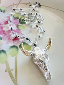 Silver Steer head Crystal Beaded Chain Necklace