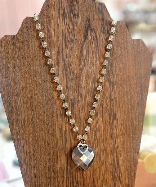 Soldered Smokey Crystal Heart Necklace Vintage Crystal Beaded Chain
