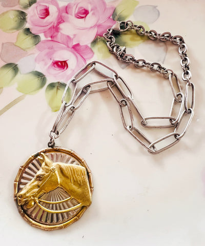 Polished Brass Silver Horse Medallion Necklace