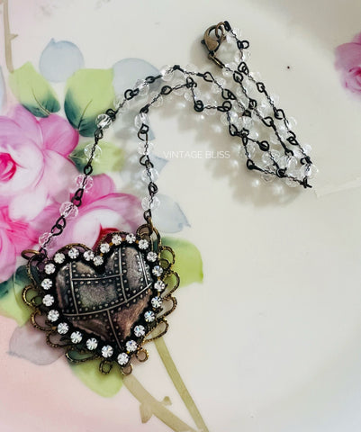 Brass Patina Heart Filigree Necklace