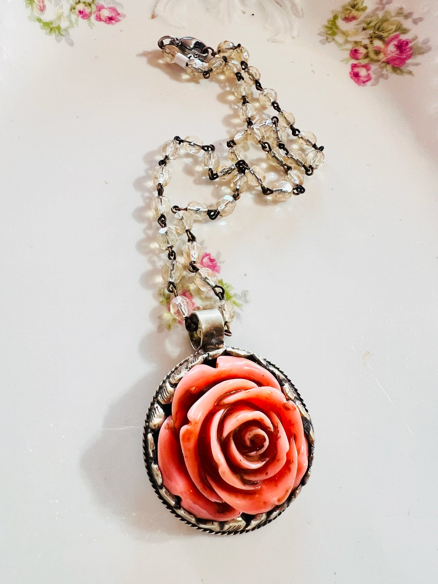 Carved Rose Necklace in Silver Setting