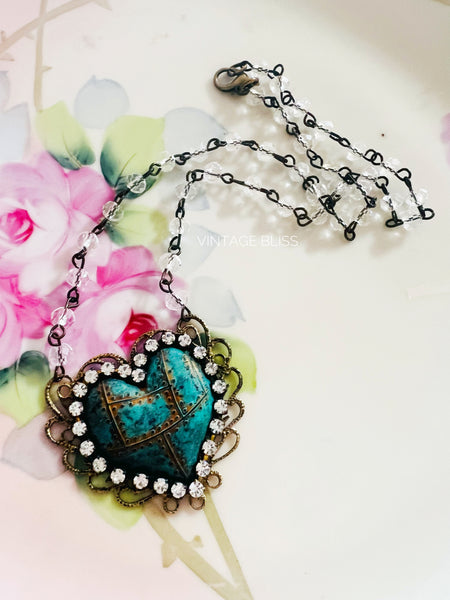 Turquoise Patina Heart Filigree Necklace