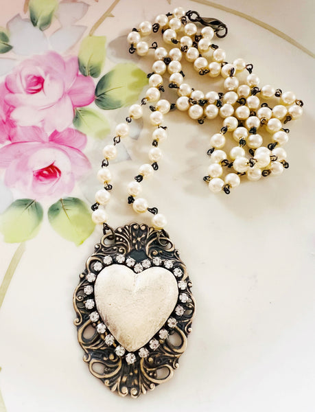 Whitewash Clay Heart Filigree Necklace