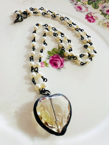 Soldered Topaz Clear Crystal  Mini Heart Necklace