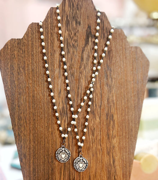 Sacred Heart Medallion Pearl Chain Necklace