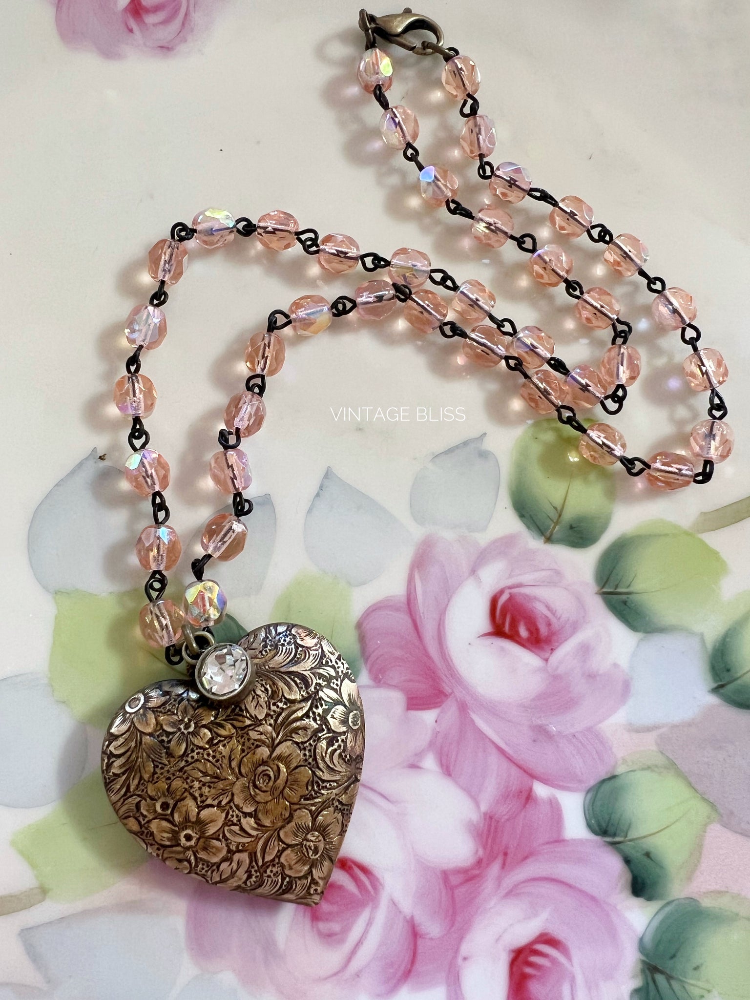 Floral Brass Patina Heart Necklace