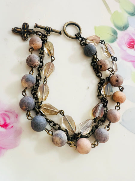 Grey Tan Neutrals Triple Strand Bracelet