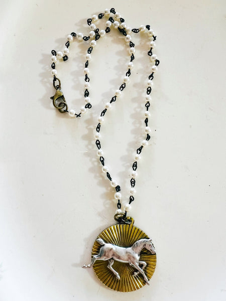 Brass Patina Silver Horse  Pendant Necklace