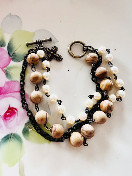 Neutral Brown Tones Triple Strand Beaded Bracelet