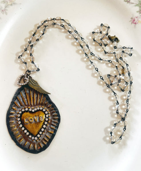 Sacred Heart Medallion Beaded Chain Necklace LOVE