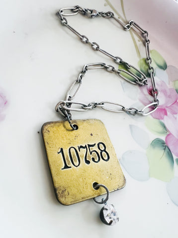 Vintage Brass Locker Tag Necklace 10758