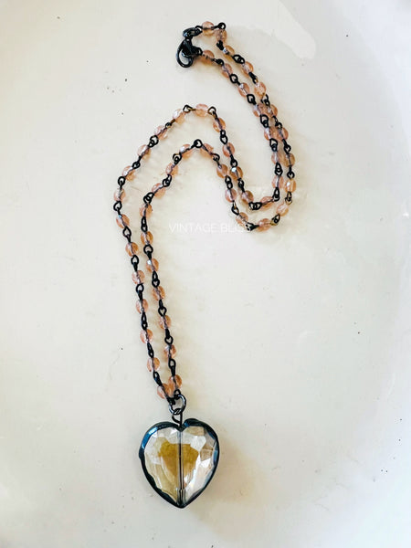 Soldered Topaz Pink Crystal Beaded Chain Mini Heart Necklace