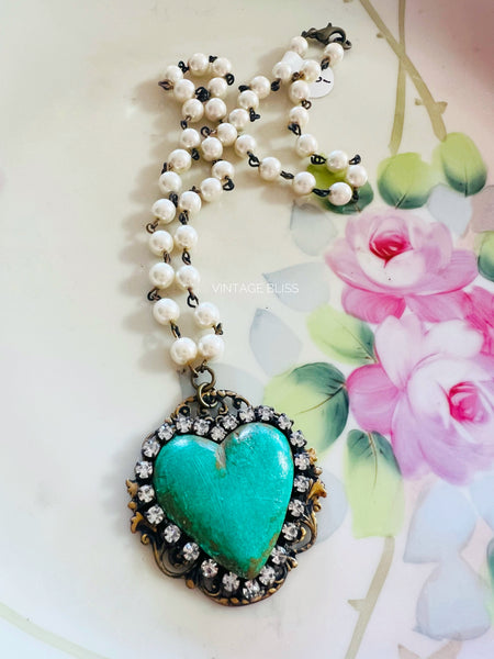 Turquoise Green Clay Heart Necklace