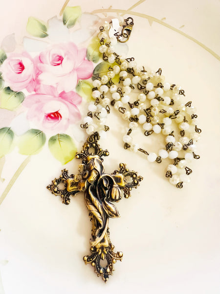 Brass Patina Floral Filigree Cross Necklace