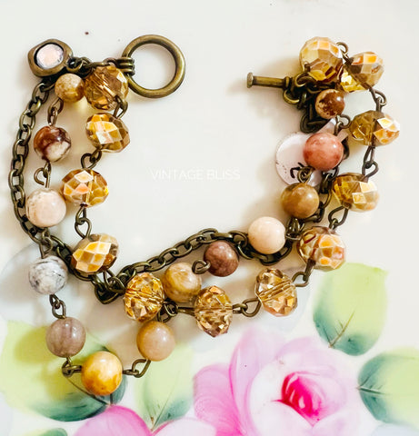 Neutral Brown & Gold tones Triple Strand Beaded Bracelet