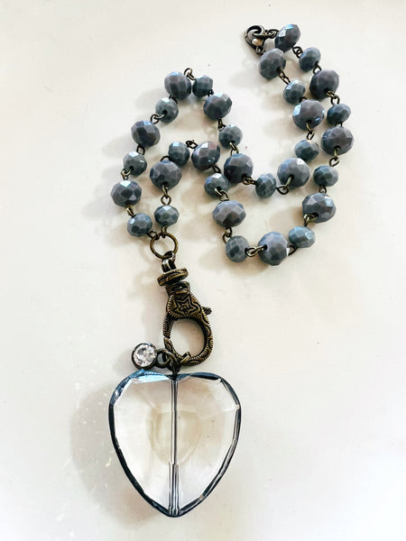 Soldered Crystal Heart Necklace Grey Beaded Chain