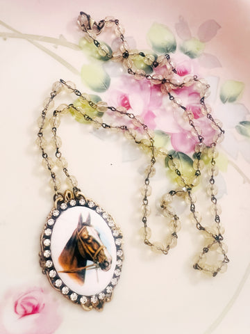 Western Horse Cameo Filigree Necklace Beaded Chain