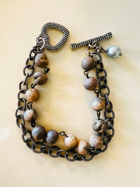 Mauve & Grey Double Strand Beaded Bracelet