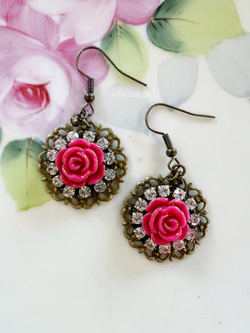 Soft Red Rose Filigree Earrings