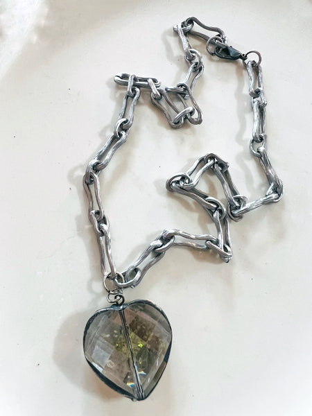 Soldered Smokey Crystal Heart Necklace Silver Matte Metal Chain