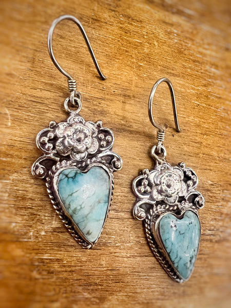 Turquoise Tibetan Silver Heart Earrings